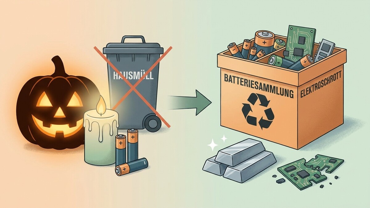 Batteriesammlung: Kürbis, Kerze, Batterien, Hausmülltonne, Elektro-Schrott-Box, Leiterplatten und Barren