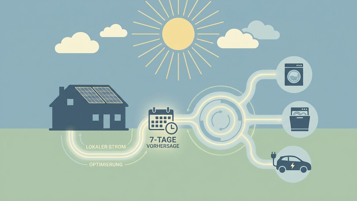 Solaranlage am Haus mit 7-Tage-Vorhersage für lokale Stromoptimierung von Waschmaschine, Geschirrspüler und E-Auto.