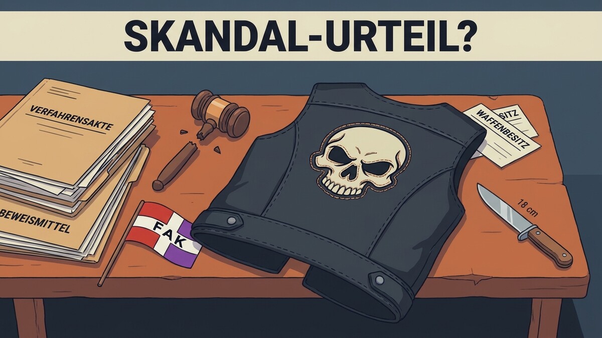 Gerichtsurteil-Symbolik: Kutte, Messer, Akten und Richterhammer auf Holztisch
