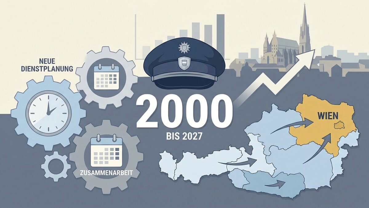 Polizeimütze mit Symbolen für Dienstplanung und Zusammenarbeit, Österreichkarte mit Wien hervorgehoben, 2000 bis 2027