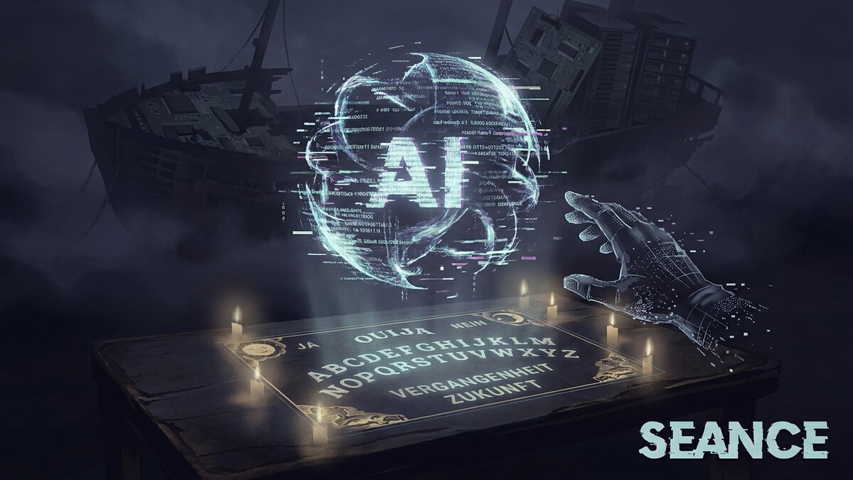 KI-Hologramm über Ouija-Brett mit Kerzen und Wrack im Nebel