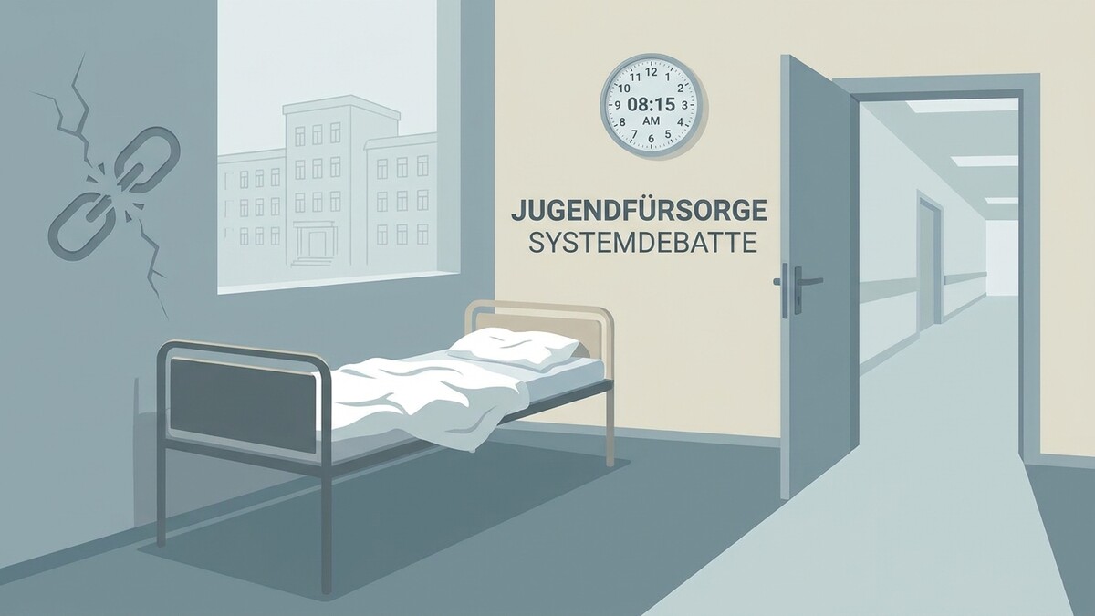 Jugendfürsorge Systemdebatte: Ein Einzelbett in einem Raum mit Riss-Symbol und Uhrenanzeige 08:15.