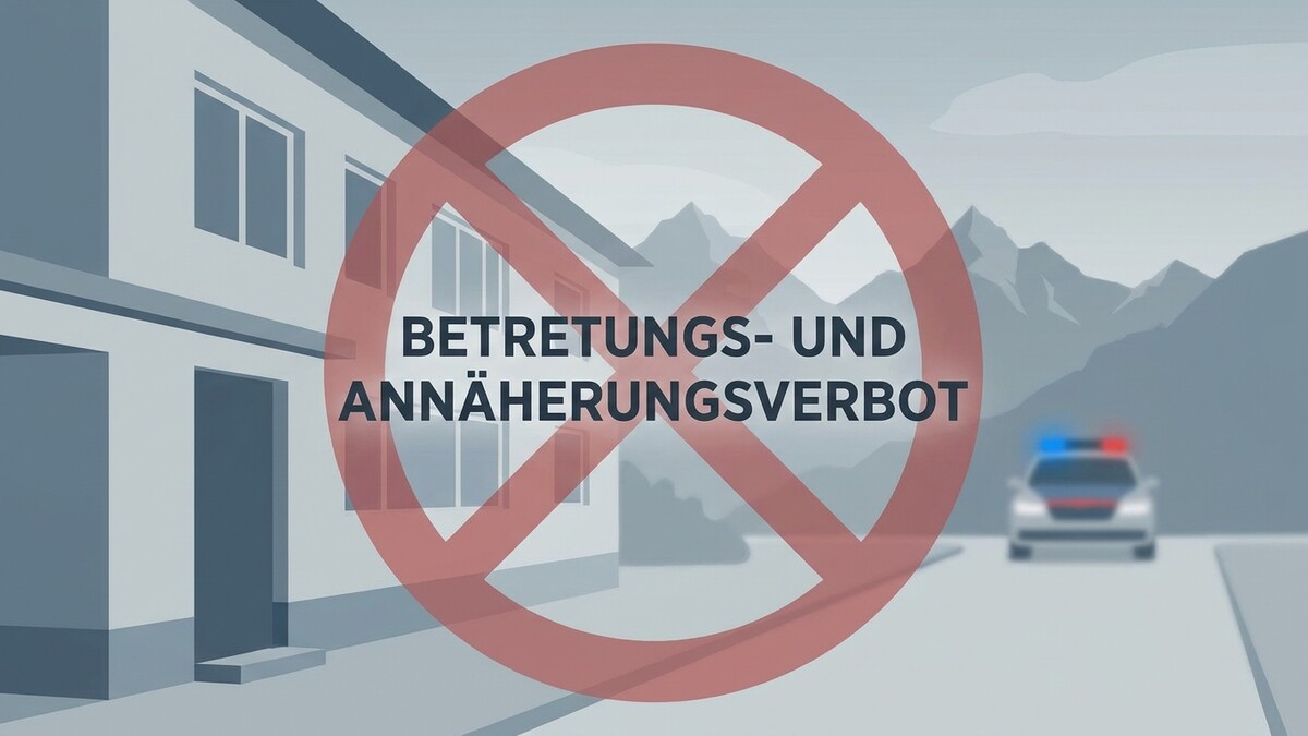 Betretungsverbot-Schild vor Haus mit Polizeiauto und Bergen