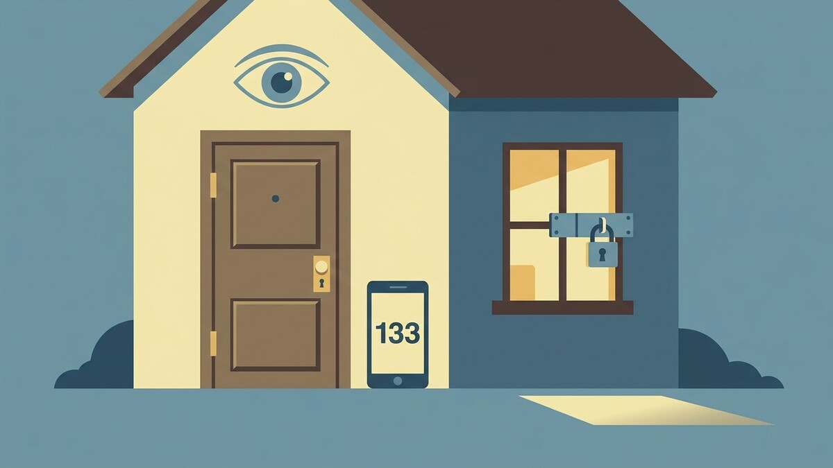 Haus mit Auge, abgesperrtem Fenster und Handy mit Nummer 133