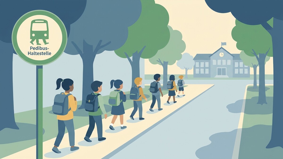 Kinder mit Rucksäcken gehen zur Schule an einer Pedibus-Haltestelle vorbei