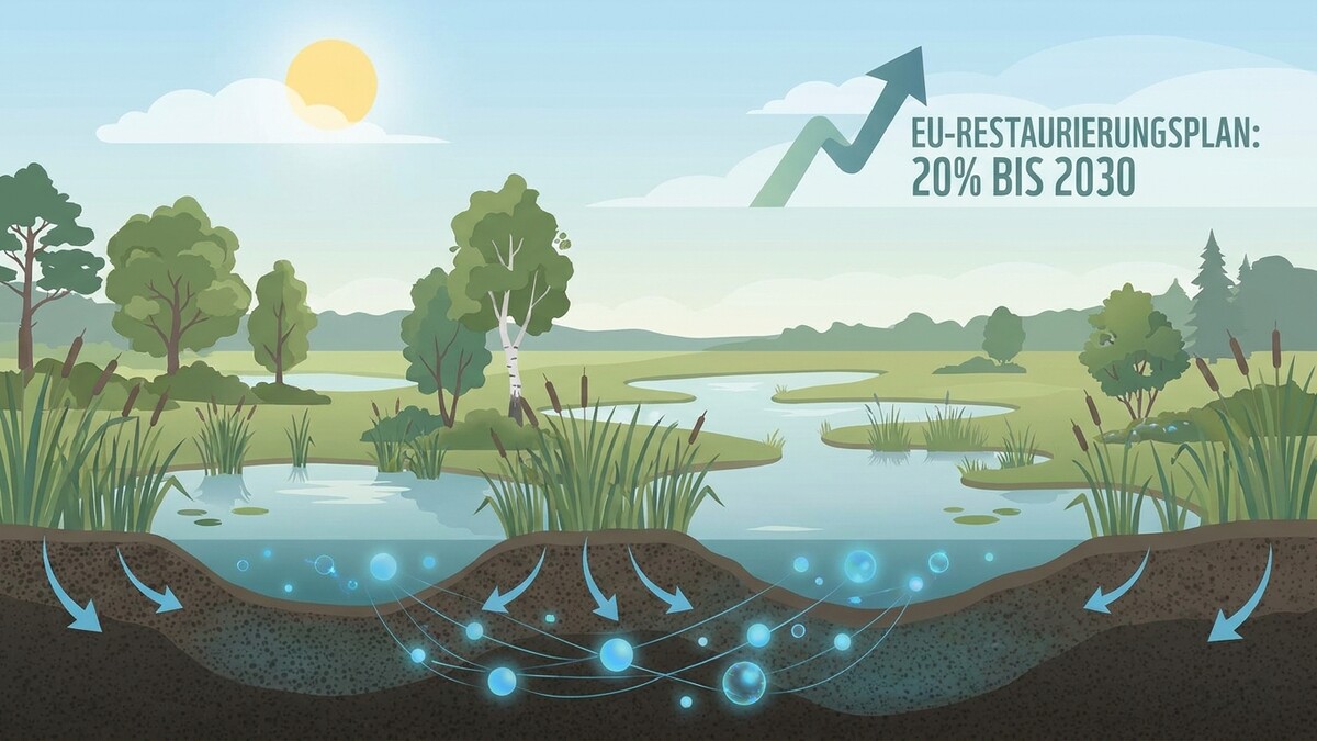 EU-Restaurierungsplan: 20% bis 2030, Darstellung eines Feuchtgebiets mit Wasser und Pflanzen