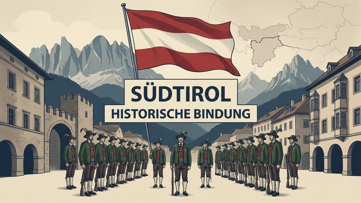 Südtirol: Männer in Tracht mit Gewehren stehen vor Bergkulisse und Fahne.