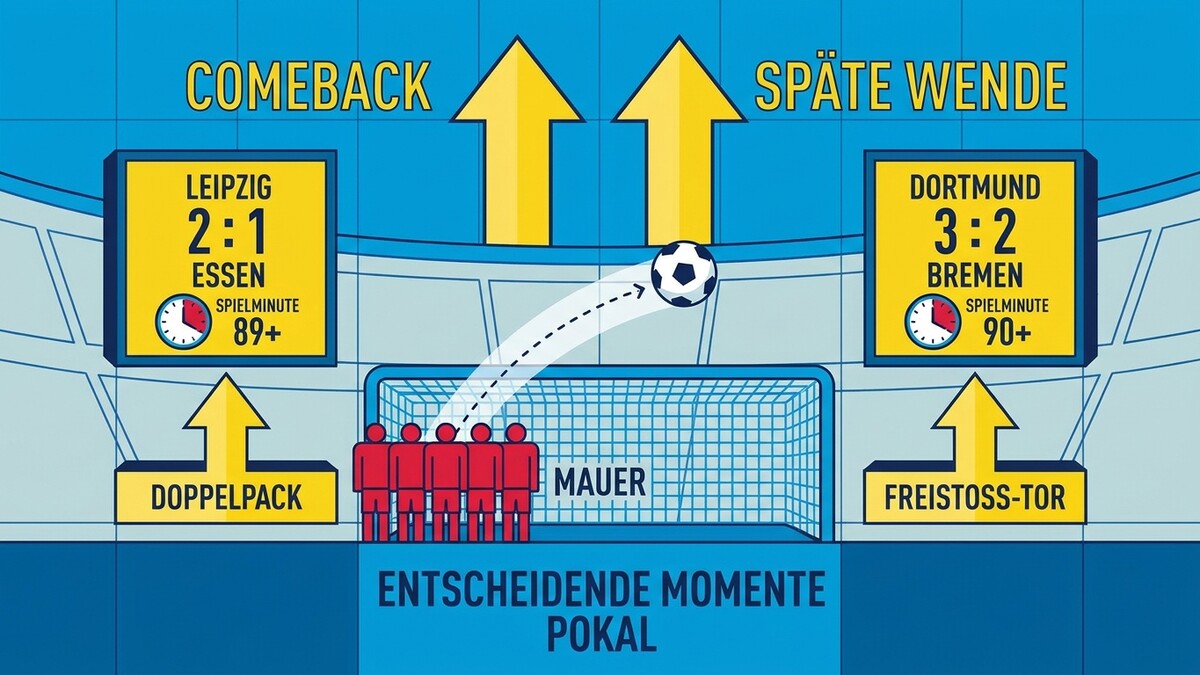 Entscheidende Momente Pokal: Leipzig 2:1 Essen (89+), Dortmund 3:2 Bremen (90+).