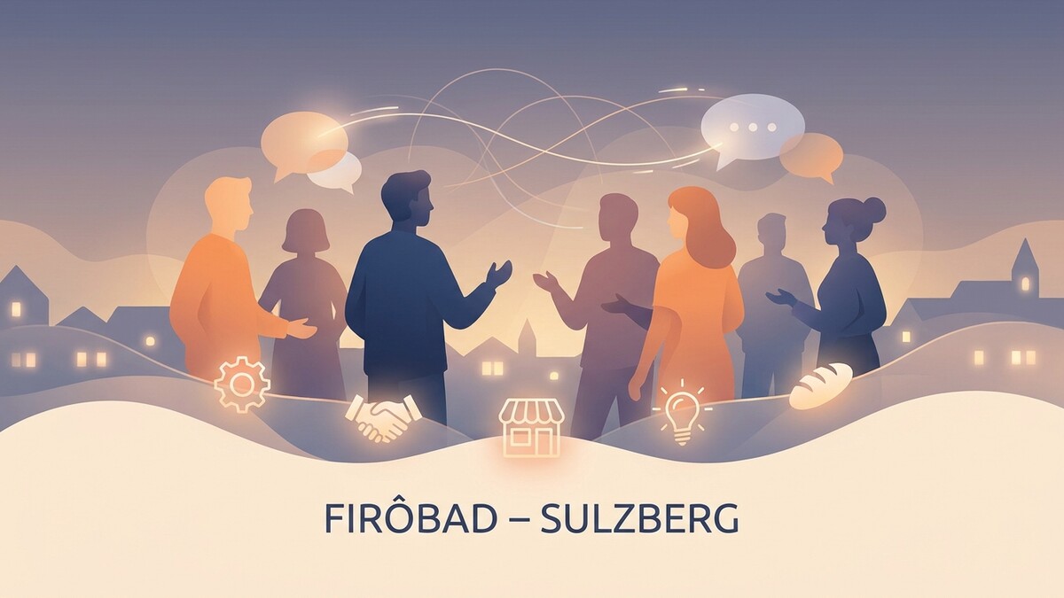 Diskussion von Menschen mit Gewerbesymbolen und Ortschaften, FIRÔBAD – SULZBERG