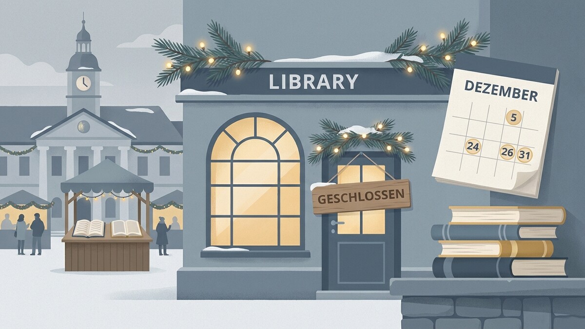 Bibliothek mit Dekoration und Kalender im Dezember, geschlossen wegen Feiertagen