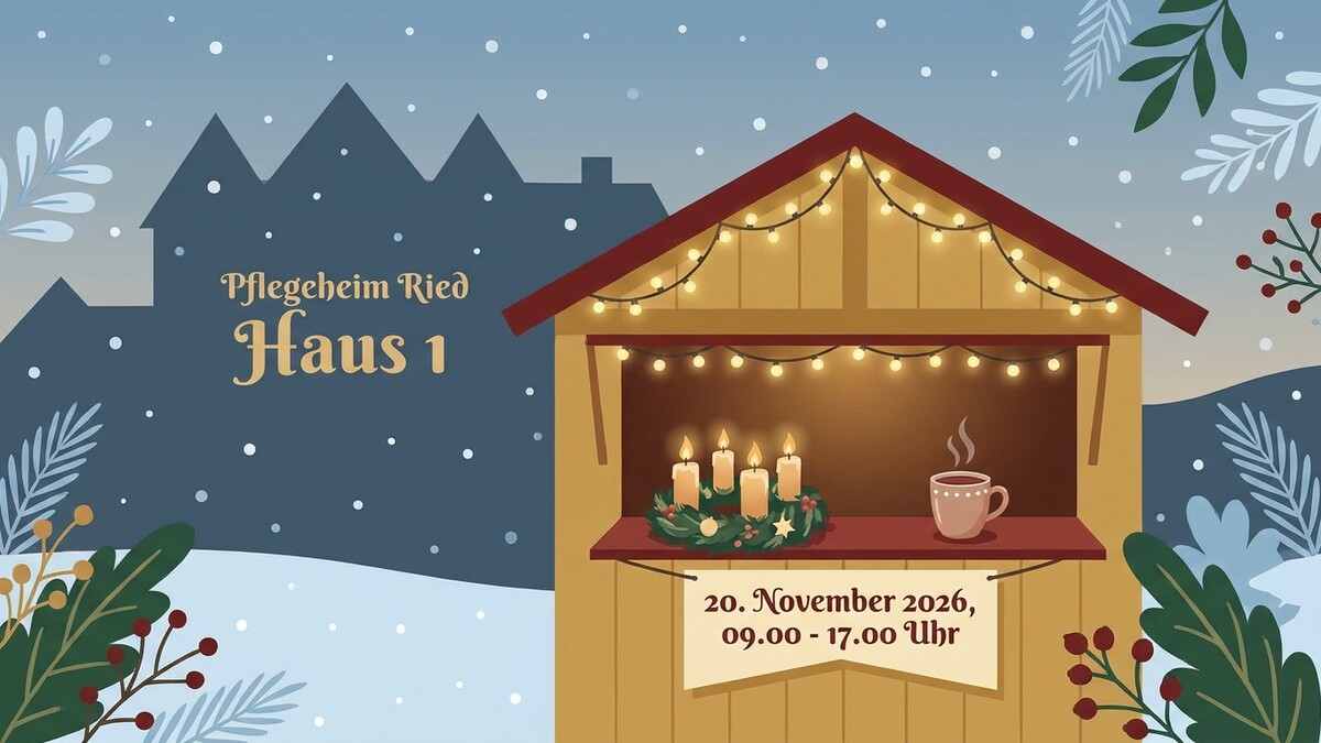 Pflegeheim Ried Haus 1: Adventkranz und Tasse mit Heißgetränk im Adventmarkt-Stand