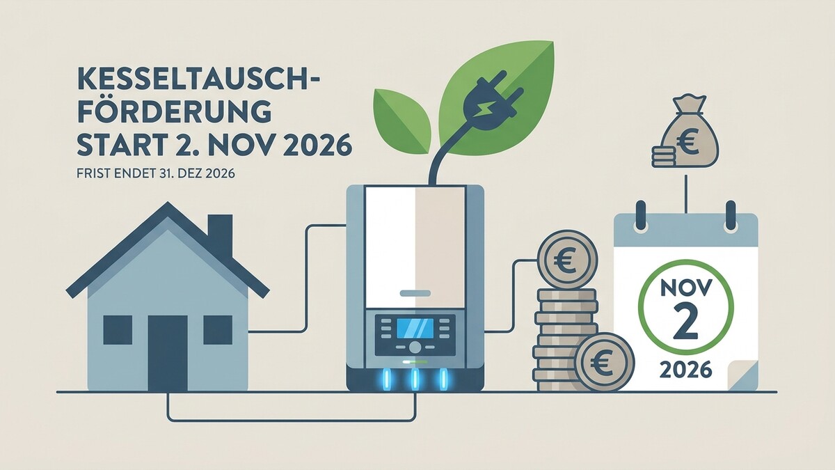 Kesseltausch-Förderung: Start 2. Nov 2026, Frist Ende 31. Dez 2026, Haus, Heizung, Münzen, Kalender