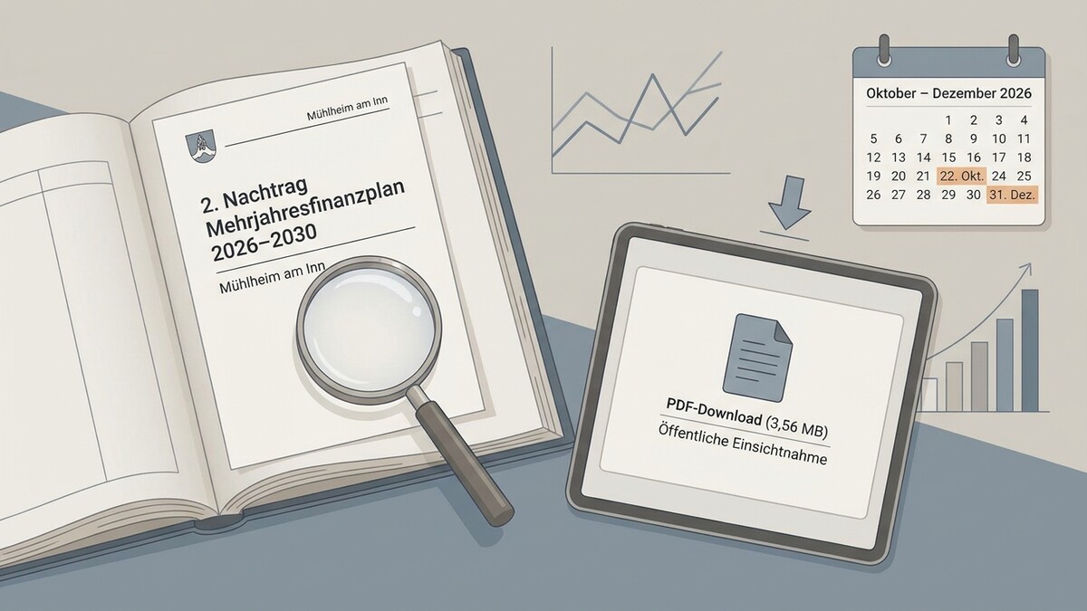 Mehrjahresfinanzplan Mülheim am Inn 2026–2030 mit Lupe und Tablet, Kalender Oktober–Dezember 2026
