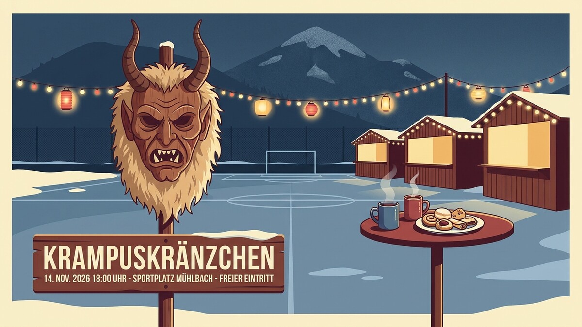 Krampusmaske mit Schild "Krampuskränzchen" und Adventhütten am Sportplatz in Mühlbach