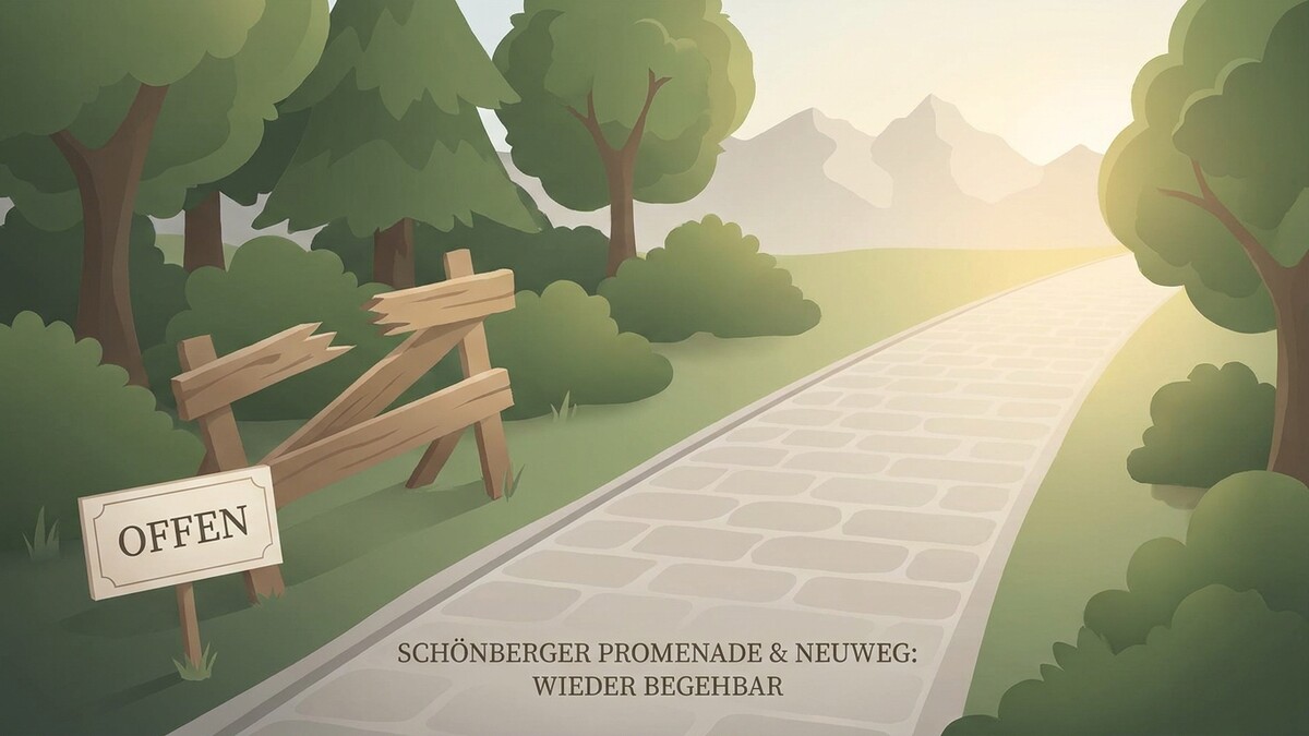 Schönberger Promenade: kaputter Zaun mit Schild "OFFEN" und Weg