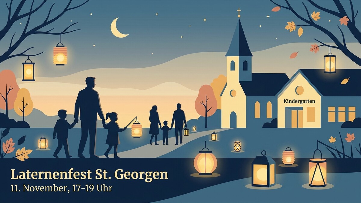 Laternenfest St. Georgen: Familien mit Kindern spazieren am Abend mit Laternen vorbei an Kirche und Kindergarten.