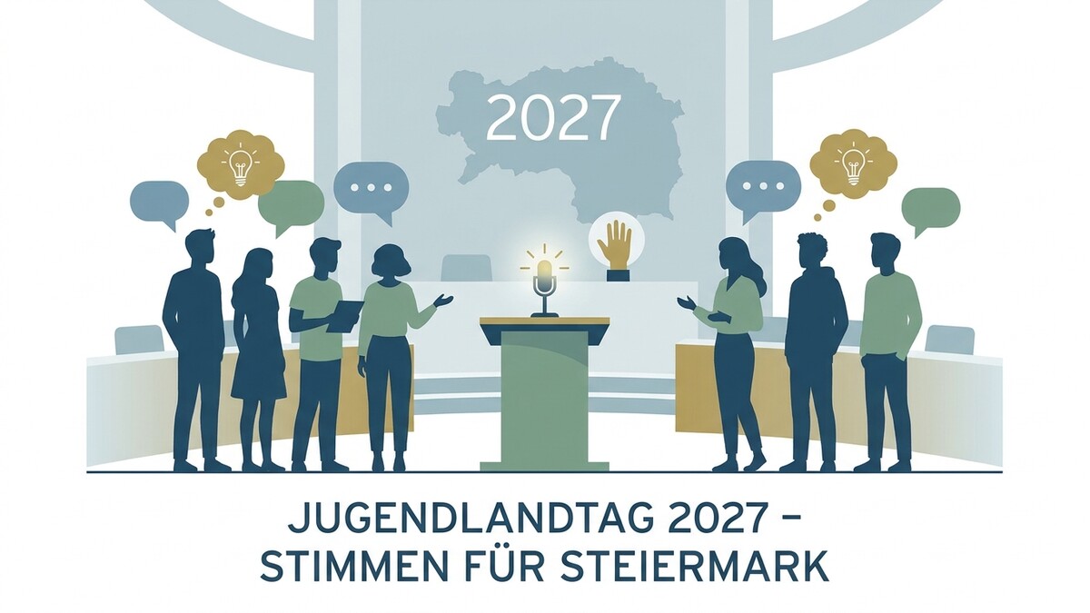Jugendlandtag 2027 – Stimmen für Steiermark mit Silhouette von jungen Menschen und Mikrofon
