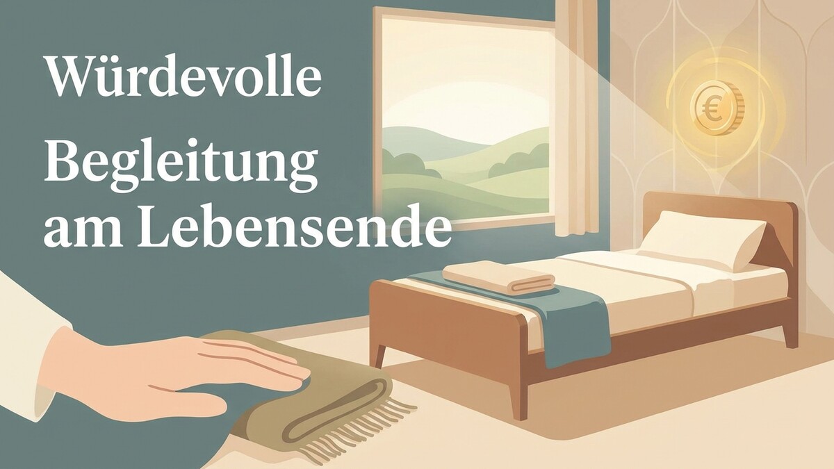 Würdevolle Begleitung am Lebensende: Hand streicht über Decke, Bett, Fenster mit Hügeln, Euro-Münze