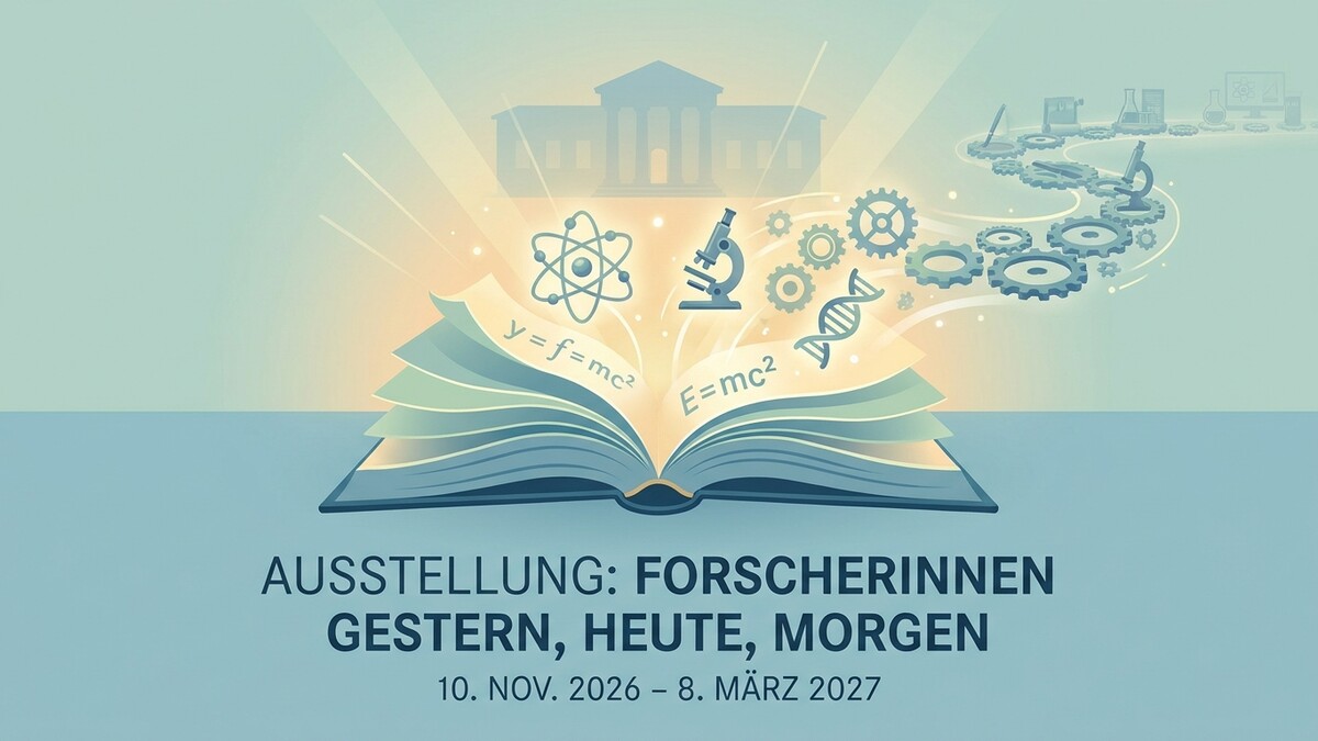 Ausstellung Forscherinnen Gestern, Heute, Morgen: Offenes Buch mit wissenschaftlichen Symbolen
