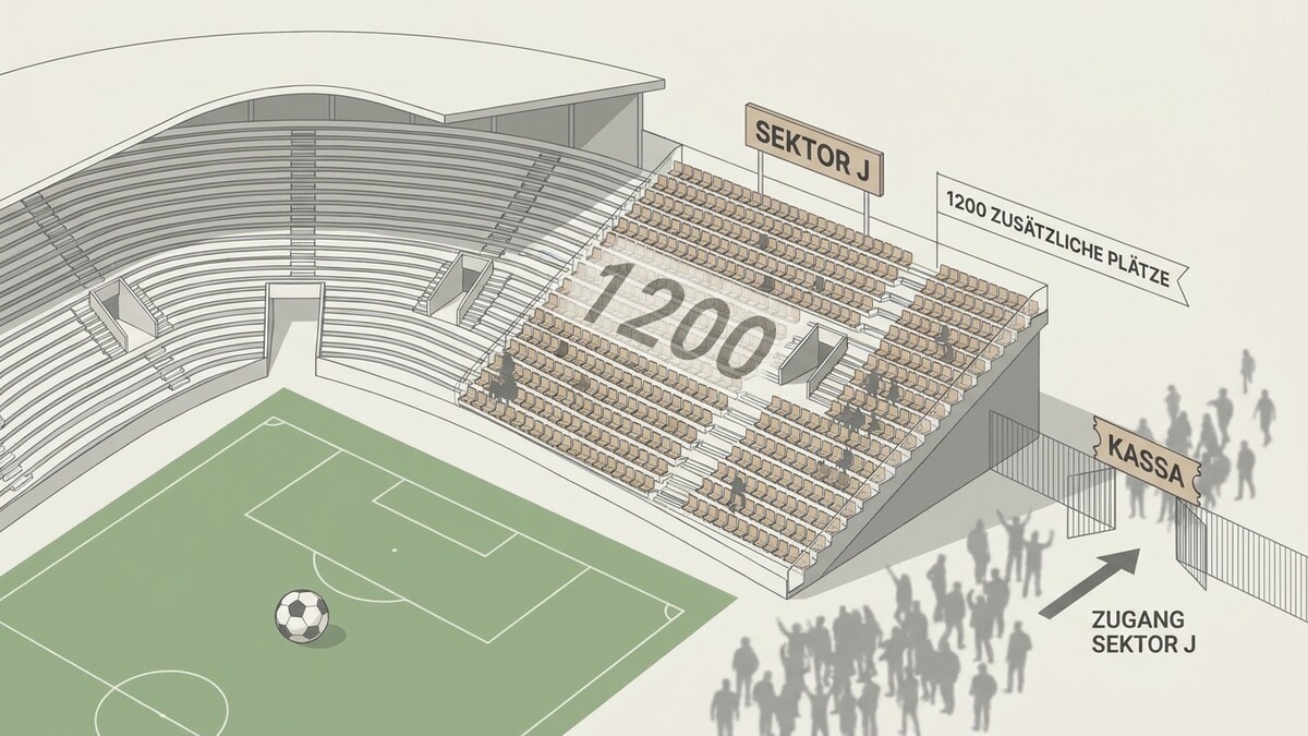 Stadion mit Fußballfeld, Tribüne Sektor J, 1200 zusätzliche Plätze, Kassa und Zugang