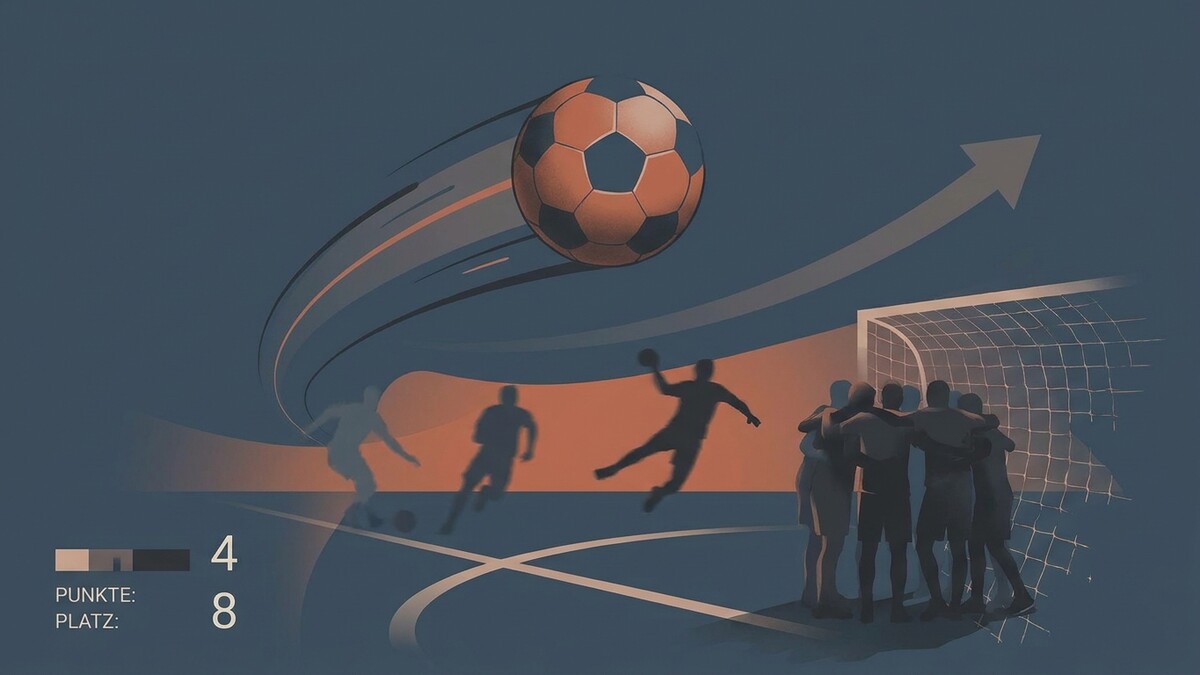 Fußballspiel mit aufsteigendem Pfeil und Spielstand 4 Punkte, Platz 8