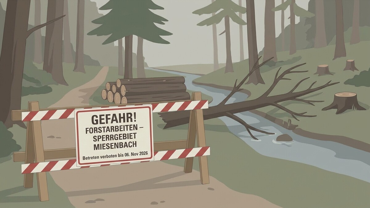 Sperrgebiet Miesenbach mit Warnschild "Gefahr! Forstarbeiten" und gefälltem Baum