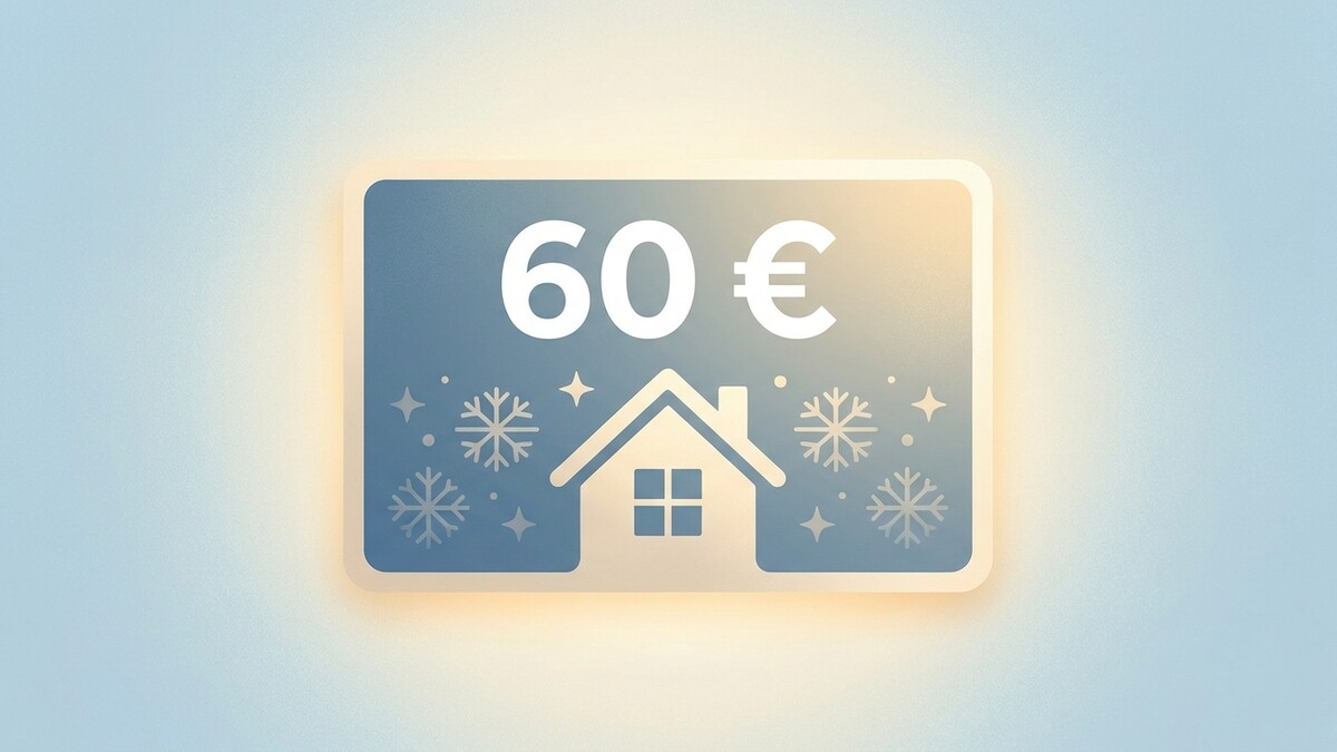 60 Euro Gutschein für ein Haus mit Schneeflocken und Sternen.