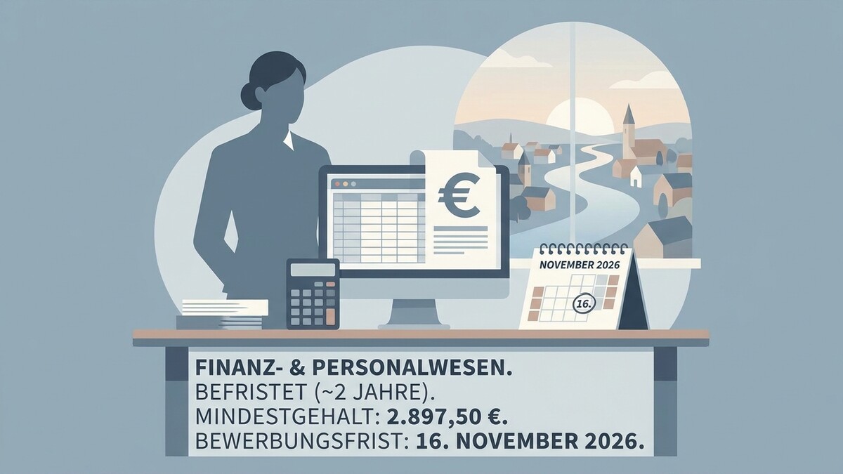 Finanz- & Personalwesen-Job mit Kalender und Euro-Symbol vor Fenster mit Dorf