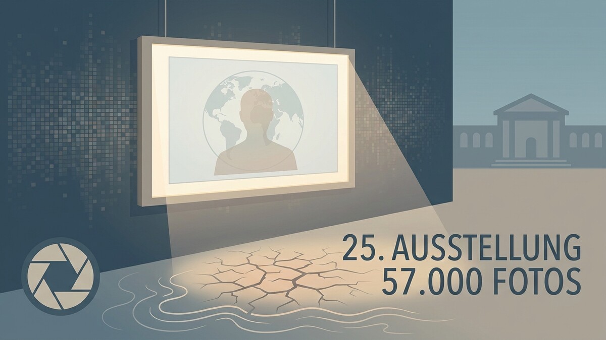 Ausstellung 25. 57.000 Fotos mit Weltkarte und Person