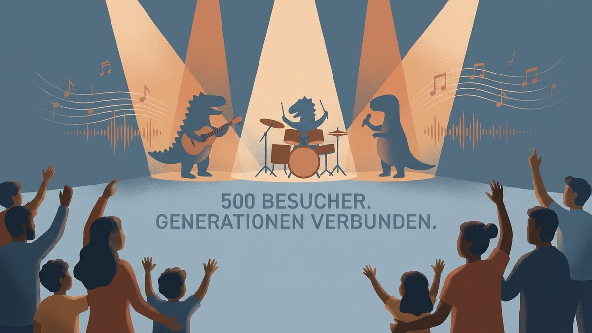 Dinosaurier-Band spielt auf Bühne vor Publikum, 500 Besucher, Generationen verbunden