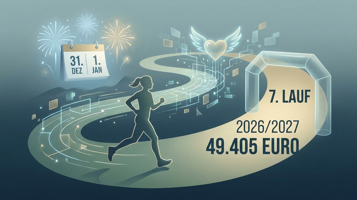 Laufende Frau vor Silvester-Feuerwerk und Kalender, Ziellinie mit Text "7. Lauf 2026/2027 49.405 EURO"