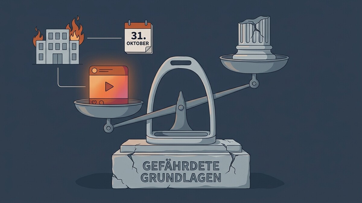 Gefährdete Grundlagen: Waage mit brennendem Gebäude und Social Media gegen zerbrochene Säule