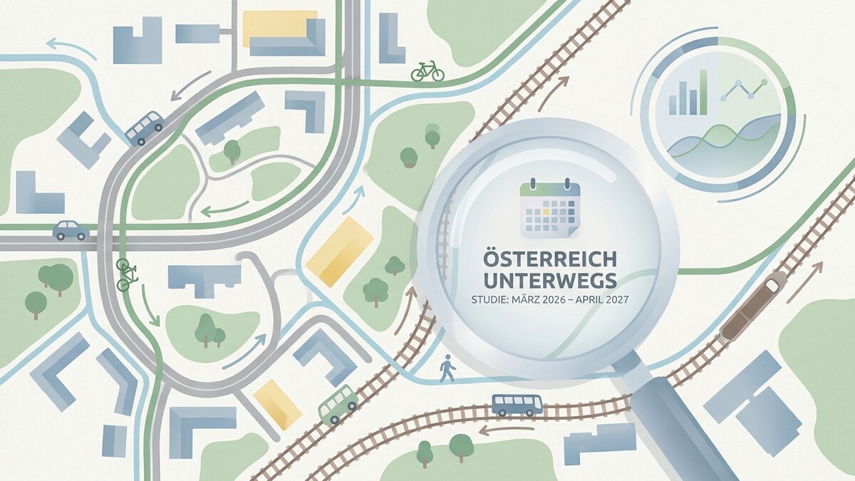 Österreich unterwegs Studie mit Lupe, Kalender, Statistik-Kreis und Verkehrsmitteln auf Karte