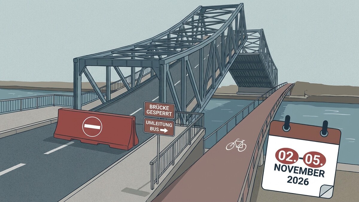 Brücke gesperrt mit Umleitung für Busse und Kalenderblatt 2. bis 5. November 2026