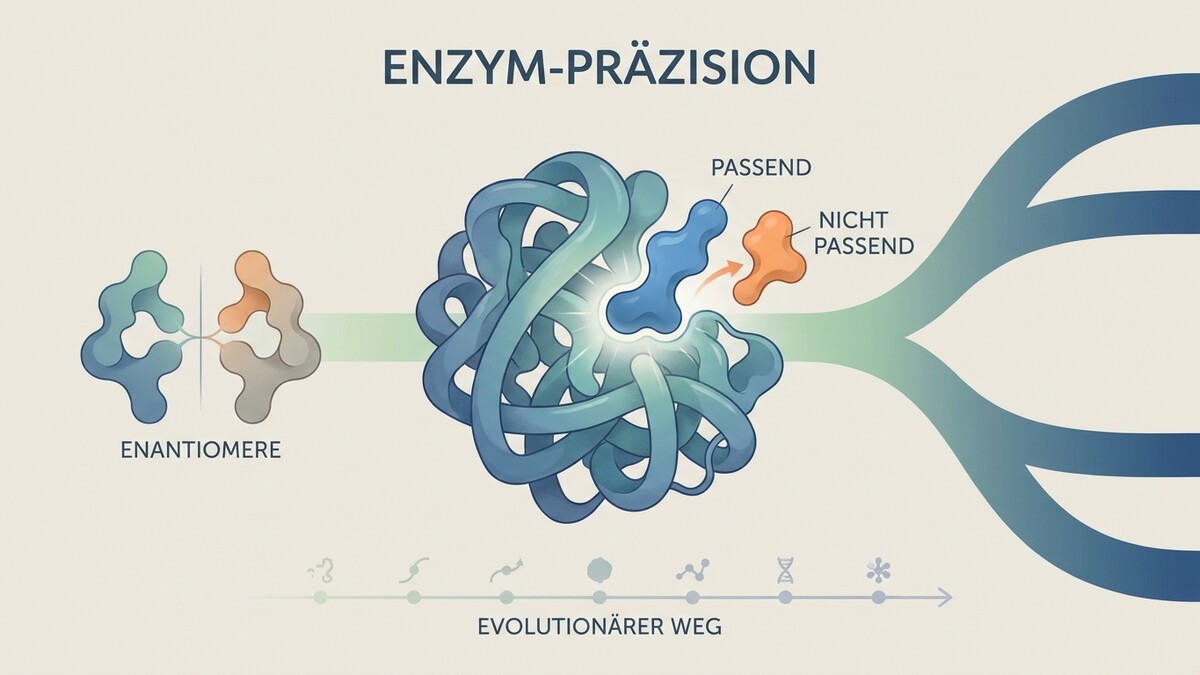 Enzympräzision: Passendes und nicht passendes Molekül interagiert mit Enzym, evolutionärer Weg.