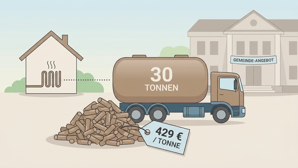Holzpellets-Lieferung mit Preisschild 429€/Tonne vor Gemeindeamt