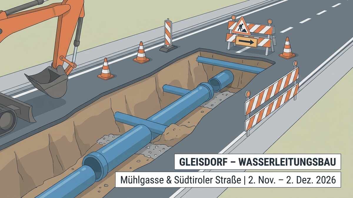 Gleisdorf Wasserleitungsbau in Mühlgasse & Südtiroler Straße mit Bagger und Rohren
