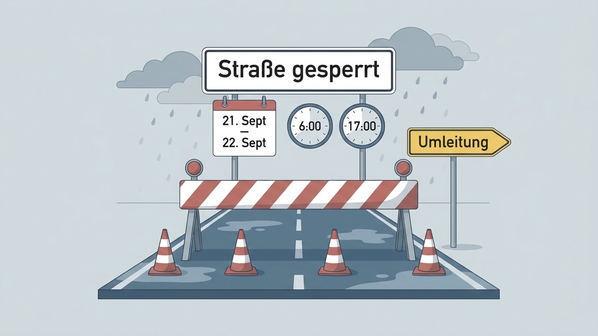 Straßensperre mit Umleitungsschild, Kalender und Uhren bei Regen