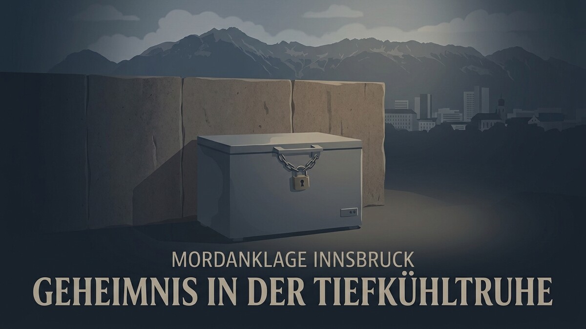 Tiefkühltruhe mit Vorhängeschloss vor Mauer und Innsbrucker Bergkulisse