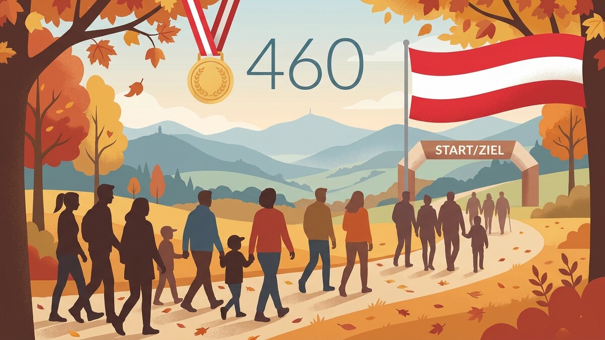 Österreichische Flagge mit Start/Ziel-Bogen und Medaille bei einem Lauf im Herbst