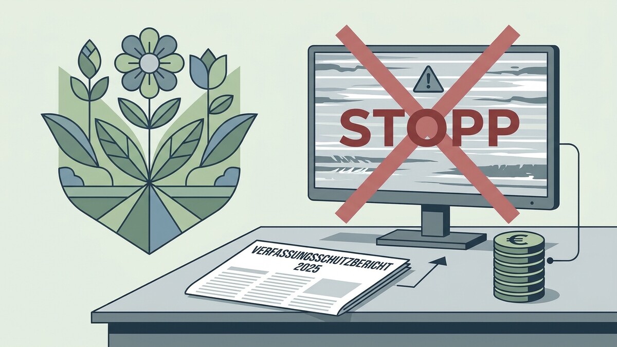 Verfassungsschutzbericht 2025: Bildschirm mit Stopp-Zeichen, Münzstapel, Siegel mit Blumen
