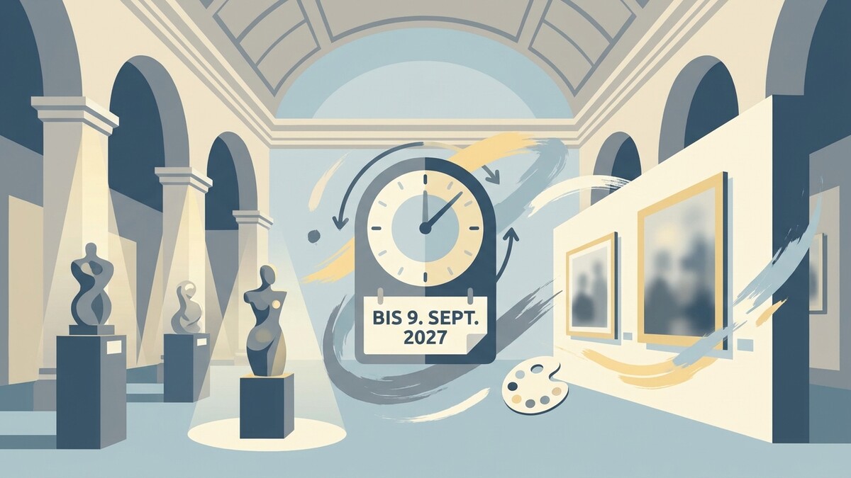 Ausstellung in Galerie mit Skulpturen, Uhrenanzeige "Bis 9. Sept. 2027" und Farbpalette