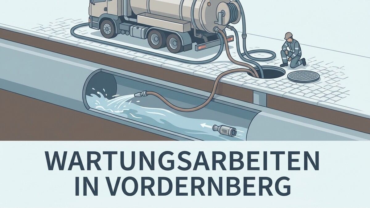 Kanalreinigung mit einem Saugwagen in Vordernberg, Arbeiter kniet bei Schacht.