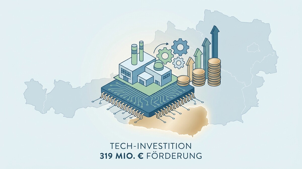 Tech-Investition in Österreich: Fabrik auf Chip mit Münzen und Wachstumspfeilen