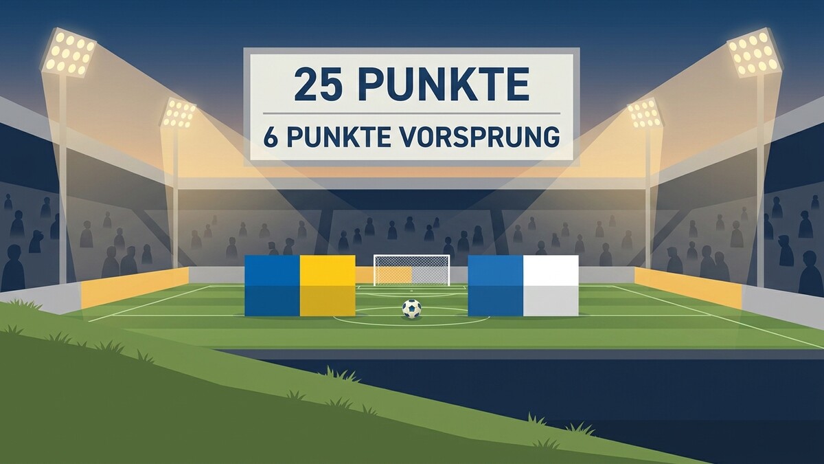 Fußballstadion mit Anzeigetafel "25 Punkte 6 Punkte Vorsprung"