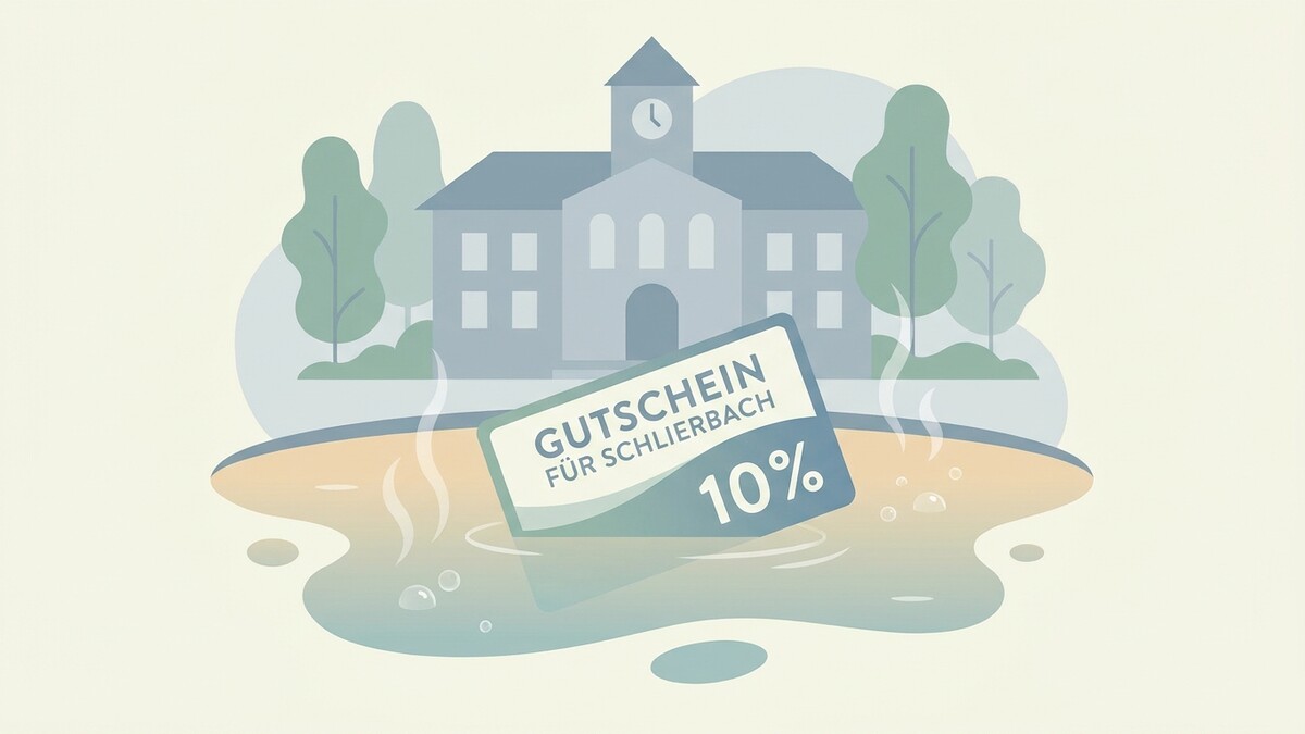 Gutschein für Schlierbach 10% mit Gebäude und Bäumen im Hintergrund