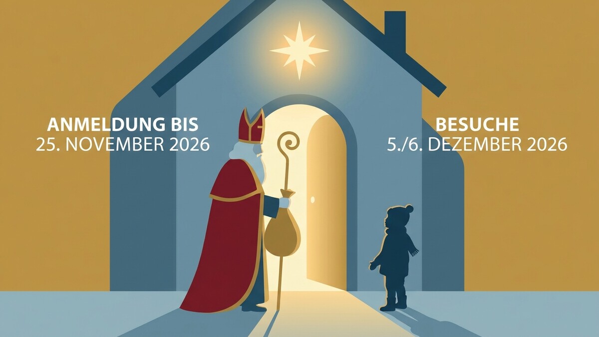 Nikolaus mit Sack und Stab trifft ein Kind vor einem Haus mit Stern. Anmeldung bis 25. November, Besuche am 5./6. Dezember 2026.