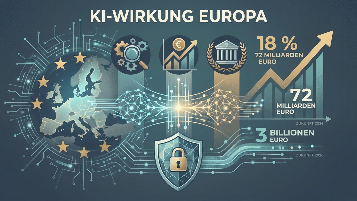 KI-Wirkung Europa: EU-Karte mit Sternen, Wirtschaftsgrafiken, Sicherheitsschild, Daten und Finanzprognosen