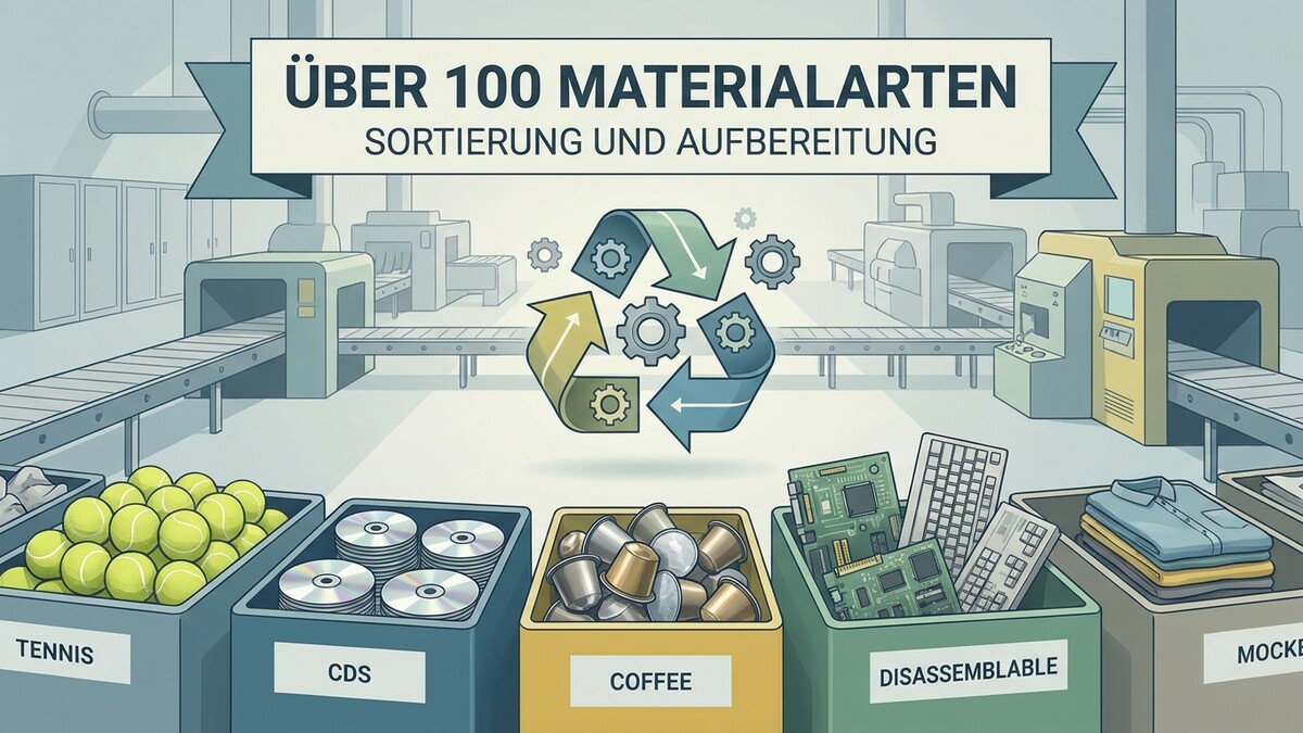 Materialsortierung: Tennisbälle, CDs, Kaffeekapseln, Elektronik, Kleidung