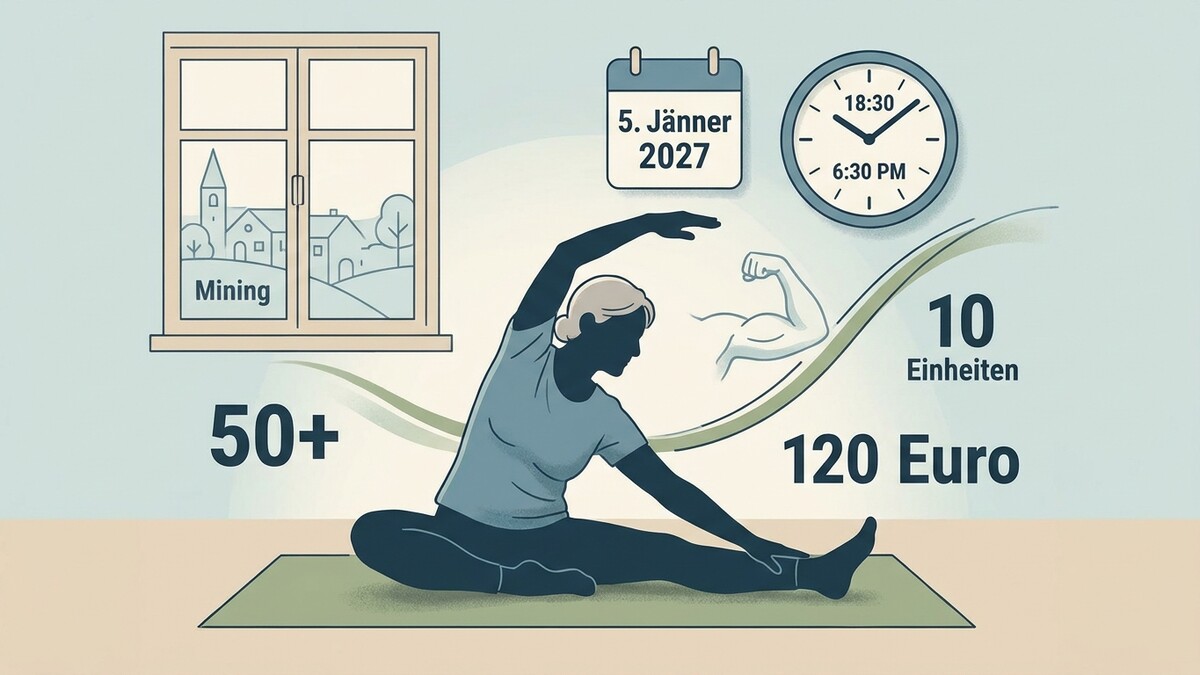 Frau beim Yoga mit Kalender, Uhr, Bitcoin-Symbol und Zahlen 50+, 10 Einheiten, 120 Euro